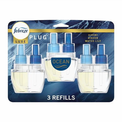 Febreze Plug In Air Freshener, Odor-Fighting Scented Oil Refill, Air Fresheners For Home And Bathroom And Kitchen, Long Lasting For Strong Odors, Ocean Scent, 0.87Oz Refills, 3 Count - Pack of 2