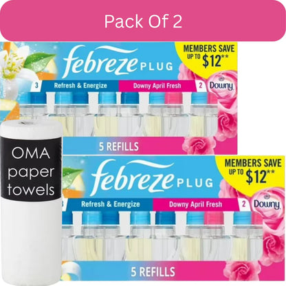 Febreze Plug Air Freshener – Refresh & Energize / Downy April Fresh (5 Refills, 4.35 fl oz)-2pk, With Paper Towel By OMA