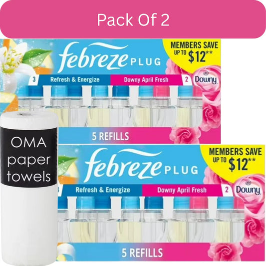 Febreze Plug Air Freshener – Refresh & Energize / Downy April Fresh (5 Refills, 4.35 fl oz)-2pk, With Paper Towel By OMA