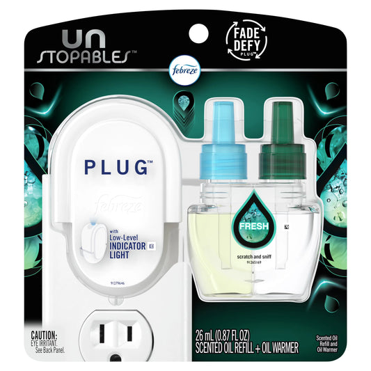 Febreze Unstopables Odor-Fighting PLUG Air Freshener Single Refill Fresh Starter Kit & (1) .87 fl. oz. Oil Refill