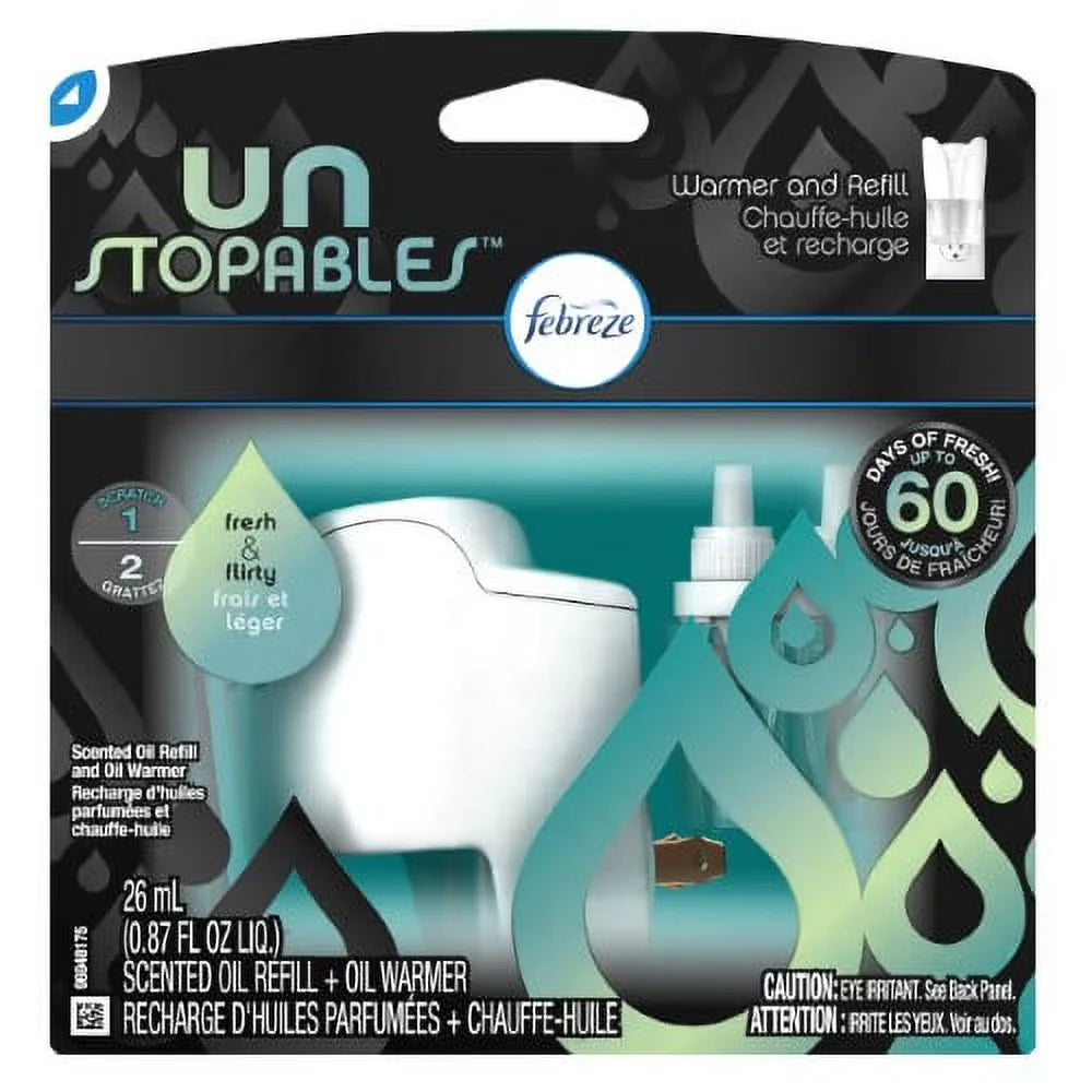 Febreze Unstopables Odor-Fighting PLUG Air Freshener Single Refill Fresh Starter Kit & (1) .87 fl. oz. Oil Refill