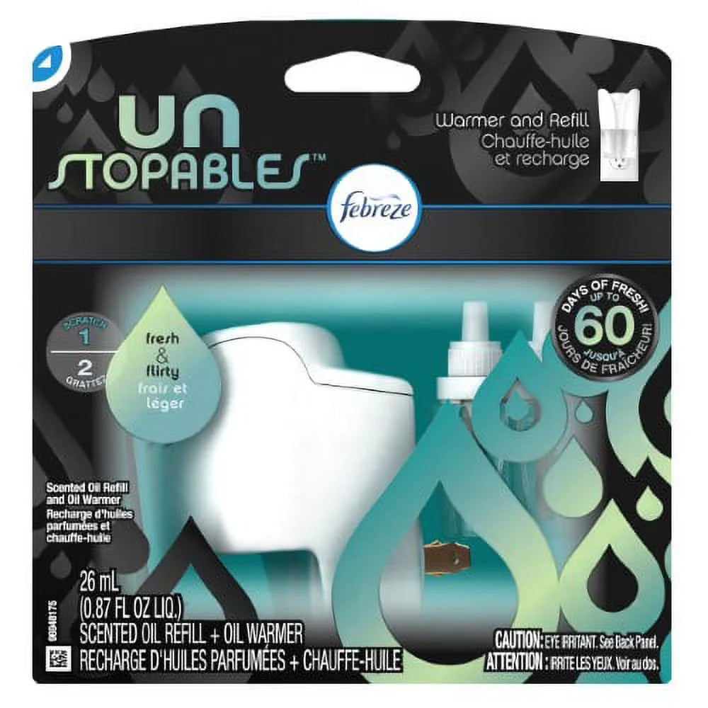 Febreze Unstopables Odor-Fighting PLUG Air Freshener Single Refill Fresh Starter Kit & (1) .87 fl. oz. Oil Refill