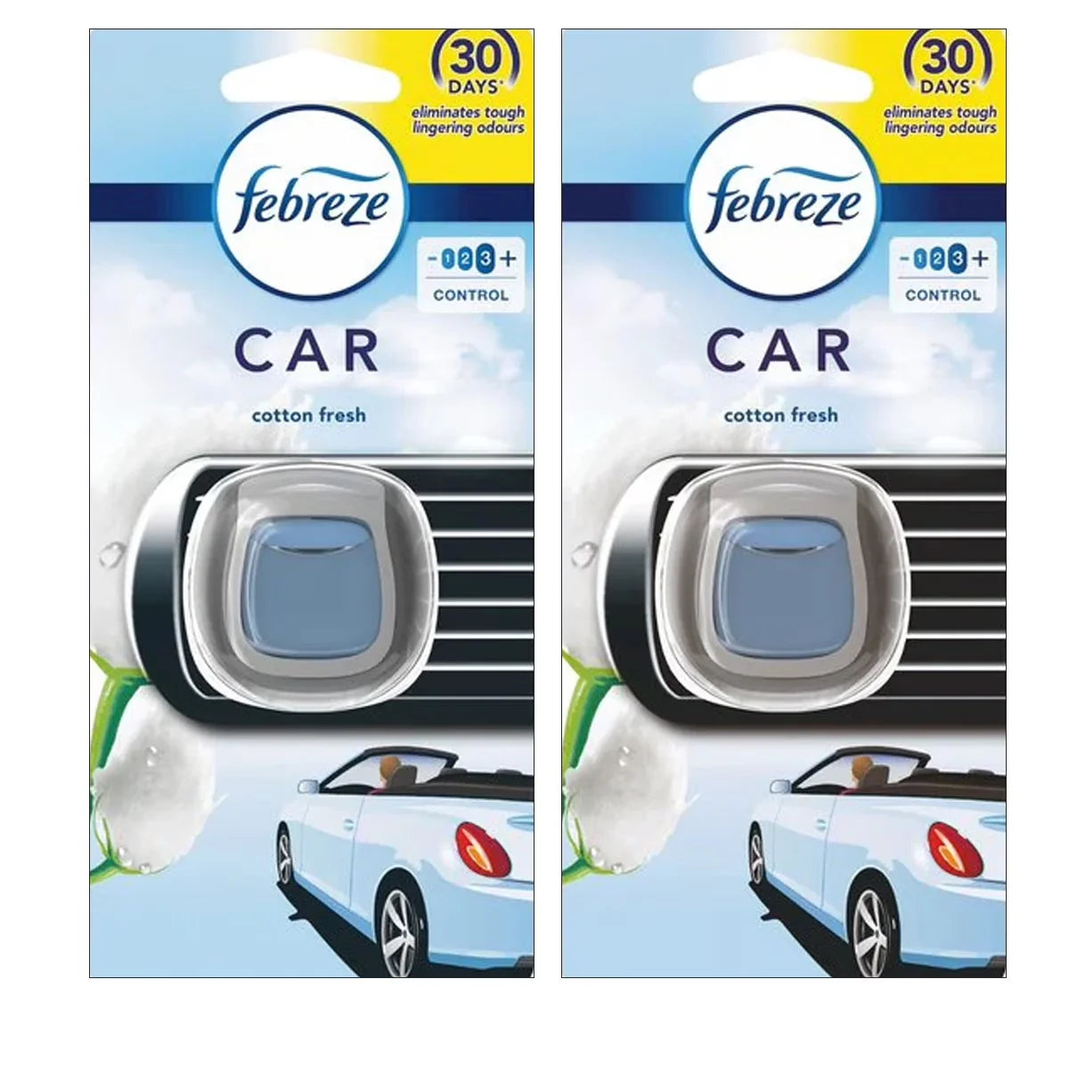 Febreze Vent Clip Car Air Freshener, Up to 30 Days, Eliminates tough lingering odours, Cotton Fresh Scent, 2 Pack