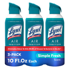 Lysol Air Sanitizer Spray + Odor Eliminator for Home & Office, Sanitizing Air Spray, Simple Fresh Scent, 10 oz (Pack of 3)