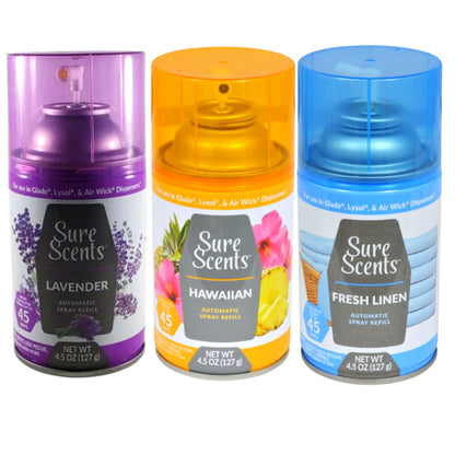 Sure Scents Lavender Hawaiian Mist Fresh Linen Automatic Spray Refill Air Freshener Eliminate Odors Long Lasting Home Fragrance, 4.5oz Each Bottle - Set of 3